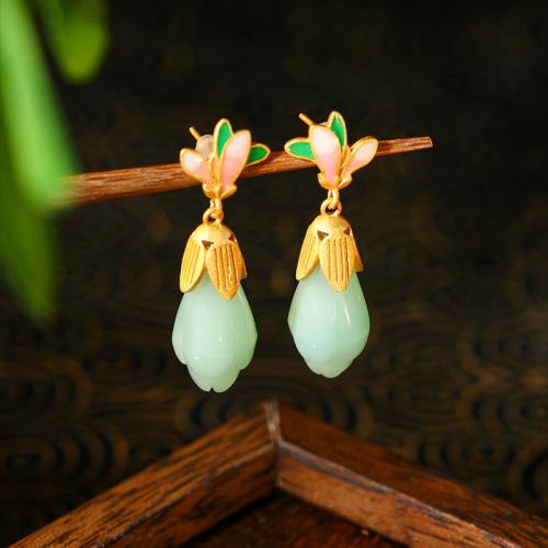 Zinc Alloy Drop Earring, with Synthetic Jade, Flower, gold color plated, vintage & for woman & enamel 