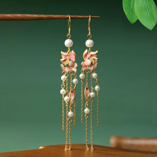 Zinc Alloy Tassel Earring, with Acrylic, Flower, gold color plated, vintage & for woman & enamel, 109mm 