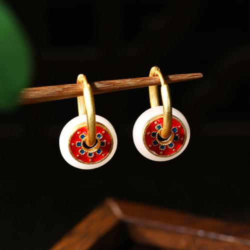 Zinc Alloy Huggie Hoop Drop Earring, with Synthetic Jade, gold color plated, vintage & for woman & enamel 