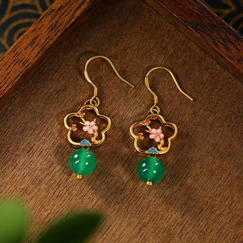 Zinc Alloy Drop Earring, with Green Calcedony, Flower, gold color plated, vintage & for woman & enamel & hollow 