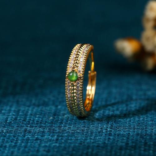 Brass Cuff Finger Ring, with Green Calcedony, gold color plated, vintage & for woman & with rhinestone, US Ring [