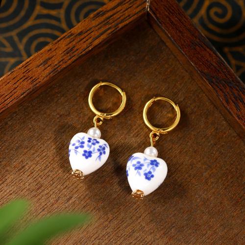 Zinc Alloy Huggie Hoop Drop Earring, with Synthetic Jade & Plastic Pearl, Heart, gold color plated, vintage & for woman 