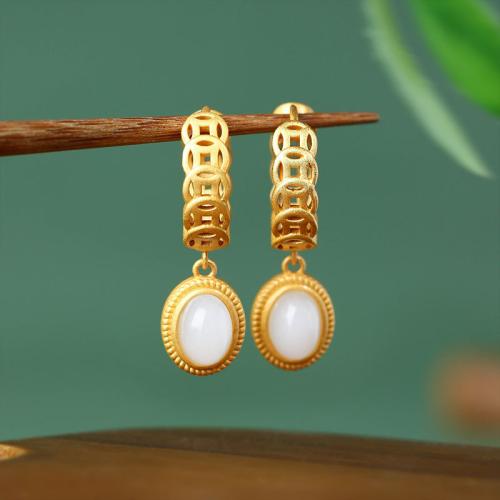 Zinc Alloy Huggie Hoop Drop Earring, with Synthetic Jade, gold color plated, vintage & for woman & hollow 