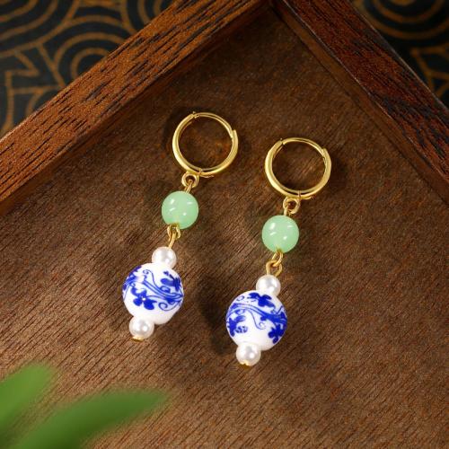 Zinc Alloy Huggie Hoop Drop Earring, with Synthetic Jade & Plastic Pearl, gold color plated, vintage & for woman 