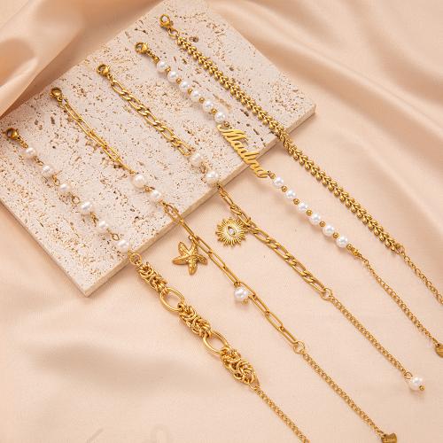 304 Stainless Steel Bracelet, with Plastic Pearl, with 1.97inch extender chain, 18K gold plated & for woman & with rhinestone Approx 6.7 Inch 