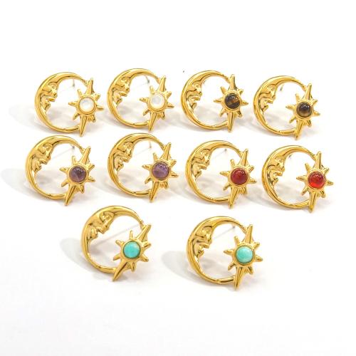 Gemstone Stud Earring, 304 Stainless Steel, with Natural Stone, Moon and Star, Vacuum Ion Plating, fashion jewelry & for woman 