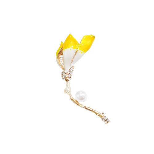 Enamel Brooch, Zinc Alloy, with Plastic Pearl, Flower, plated, fashion jewelry & with rhinestone, yellow 