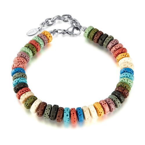 Bracelet de perles de lave, Acier inoxydable 304, avec lave volcanique, avec 35mm chaînes de rallonge, poli, bijoux de mode & unisexe, multicolore mm, Vendu par PC[