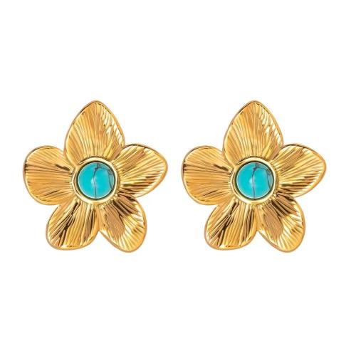 Turquoise Zinc Alloy Earring, with turquoise & Plastic Pearl, petals, plated & for woman, gold 