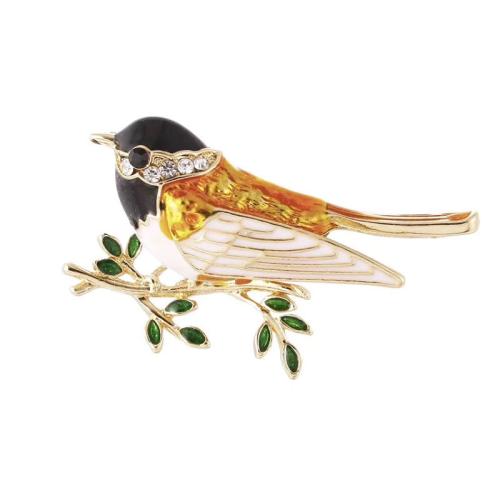 Enamel Brooch, Zinc Alloy, Bird, plated, for woman & with rhinestone, gold 