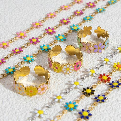 304 Stainless Steel Jewelry Set, with Resin, Flower, 18K gold plated & for woman & enamel 