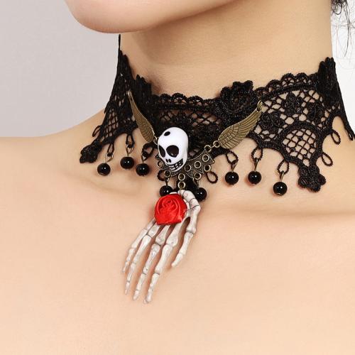 Zinc Alloy Choker Necklace, with Lace & Cloth & Resin, plated, Halloween Design & for woman [