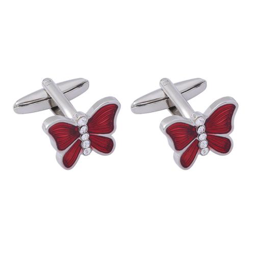 Zinc Alloy Cufflinks, Butterfly, silver color plated, for man & enamel, red 