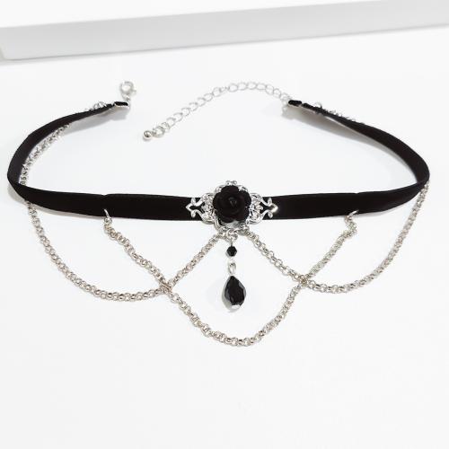 Collar de la aleación del cinc, aleación de zinc, con Tela flocado, con 7.1cm extender cadena, chapado en color de plata, Joyería, Negro, longitud:31.2 cm, Vendido por UD[