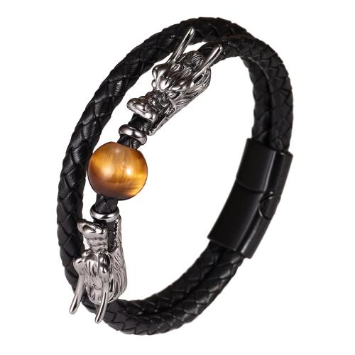 PU Leather Cord Bracelets, Zinc Alloy, with PU Leather & Tiger Eye, plated, Double Layer & Unisex, black 