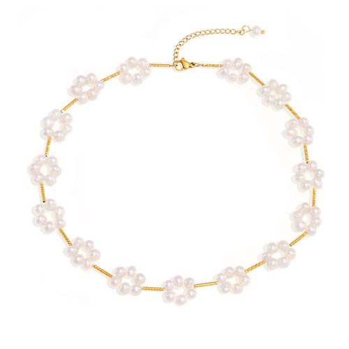 Collar de Perlas Natural de Freshwater, Partículas de acero, con Perlas cultivadas de agua dulce, con 5cm extender cadena, chapado, Joyería & para mujer, dorado, longitud:aproximado 38 cm, Vendido por UD