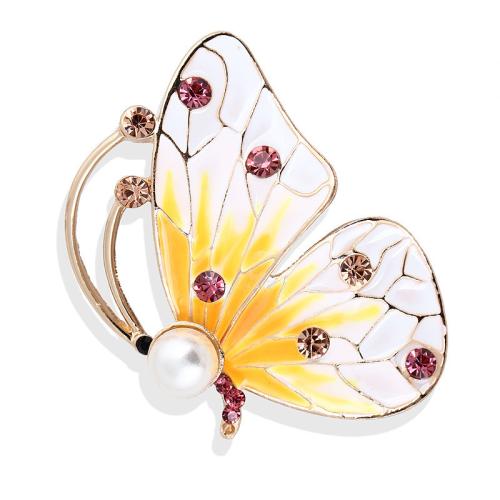 Enamel Brooch, Zinc Alloy, with Plastic Pearl, Butterfly, plated, for woman & with rhinestone, gold 