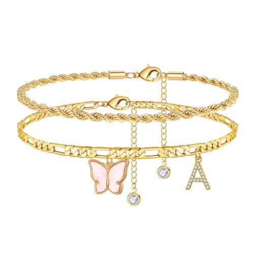 Brass Anklet, with Acrylic, with 5cm extender chain, letters are from A to Z & micro pave cubic zirconia & for woman, golden Approx 22 cm 