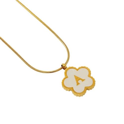 304 Stainless Steel Necklace, with Titanium Steel & Resin Shell, Flower, 18K gold plated, snake chain & with letter pattern & for woman Approx 17.7 Inch 