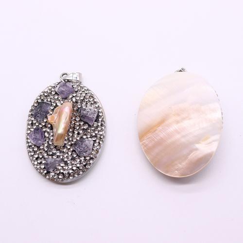 Brass Shell Pendants, with pearl & Amethyst & Brass, Oval, silver color plated, DIY & with rhinestone 