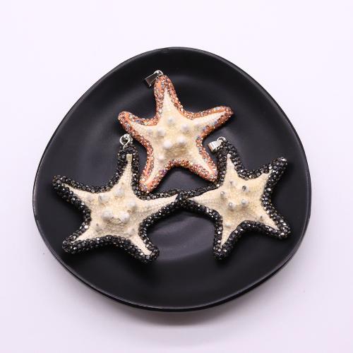 Brass Shell Pendants, with Brass, Starfish, silver color plated, DIY & with rhinestone 45-55*42-51mm 