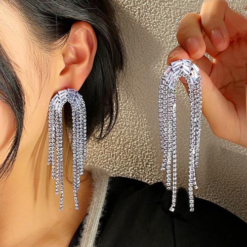 Fashion Fringe Earrings, Zinc Alloy, silver color plated, fashion jewelry & micro pave cubic zirconia & with rhinestone, silver color 