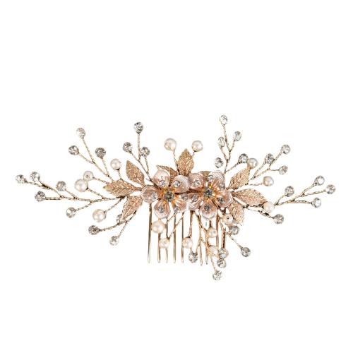 Zinc Alloy Decorative Hair Comb, with Plastic Pearl, handmade, for woman & with rhinestone, gold 