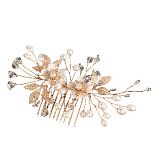 Zinc Alloy Decorative Hair Comb, with Resin & Plastic Pearl, handmade, for woman & with rhinestone, gold 