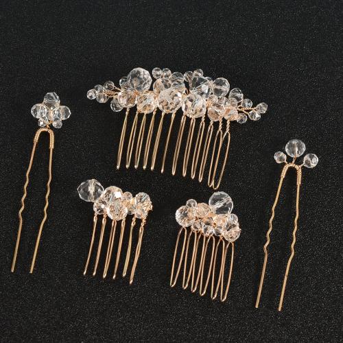 Zinc Alloy Hair Jewelry Set, hair comb & hair stick, with Crystal, plated, 5 pieces & for woman, gold 