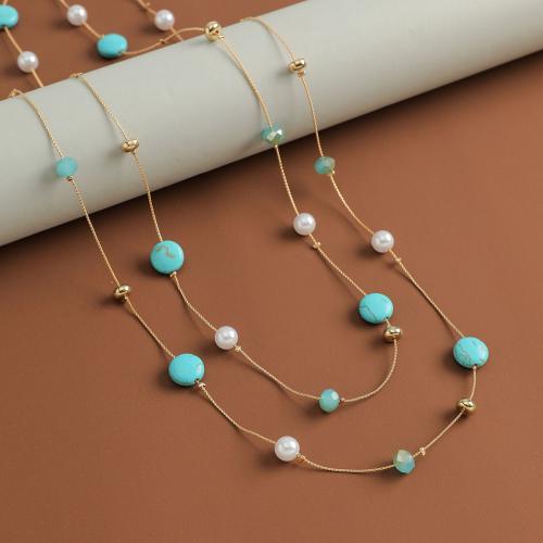 Gemstone Necklaces, Zinc Alloy, with turquoise & Gemstone & Plastic Pearl, plated, for woman, golden Approx 71-80 cm 