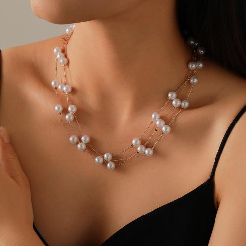 Collier de perles en plastique, alliage de zinc, avec perle de plastique, Placage, pour femme, Or Environ 41-50 cm, Vendu par PC