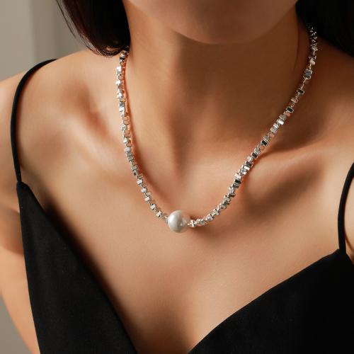 Zinc Alloy Necklace, with Plastic Pearl, plated, for woman, silver color Approx 41-50 cm 