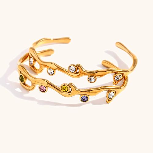 Stainless Steel Cuff Bangle, 304 Stainless Steel, 18K gold plated, fashion jewelry & for woman & with rhinestone, golden 