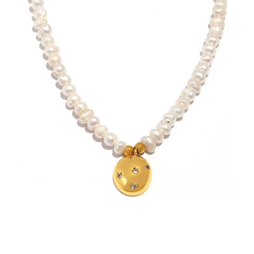 Freshwater Pearl Brass Necklace, with Brass, with 7cm extender chain, fashion jewelry & micro pave cubic zirconia & for woman Approx 37 cm 