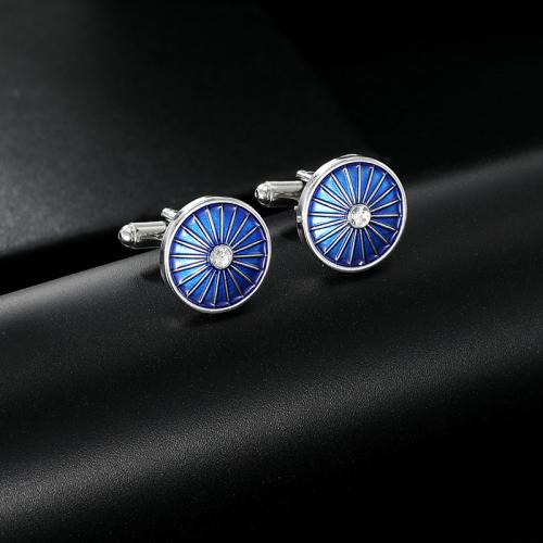 Zinc Alloy Cufflinks, Round, silver color plated, for man & enamel, blue 