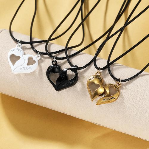 Couple Zinc Alloy Necklace, with leather cord, Heart, silver color plated, for woman & enamel [