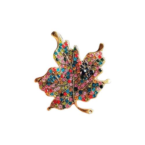 Broche de diamantes de imitación de la aleación de Zinc, Hoja del arce, chapado en color dorado, Joyería & con diamantes de imitación, multicolor, 50x58mm, Vendido por UD