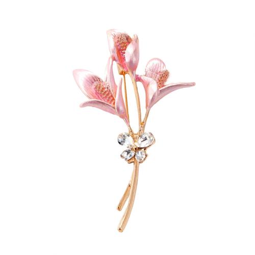 Broche émail, alliage de zinc, fleur, Placage de couleur d'or, bijoux de mode & avec strass, rose Vendu par PC