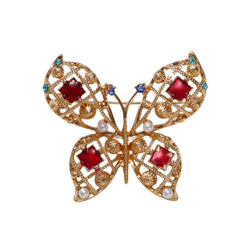 Broche de diamantes de imitación de la aleación de Zinc, con Perlas plásticas, Mariposa, chapado, para mujer & con diamantes de imitación, dorado, Vendido por UD