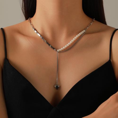 Zinc Alloy Necklace, with Plastic Pearl, plated, for woman, silver color Approx 41-50 cm 