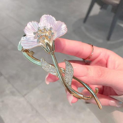 Hair Slide, Zinc Alloy, with Plastic, Flower, plated, for woman & with rhinestone, gold 