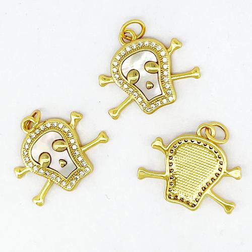 Cubic Zirconia Micro Pave Brass Pendant, with Shell, Skull, plated, DIY & micro pave cubic zirconia, gold 