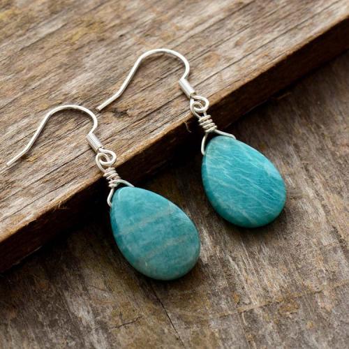 Boucle d'oreille en demi-gemme , Amazonite, avec laiton, bijoux de mode & pour femme, bleu, 40mm, Vendu par paire