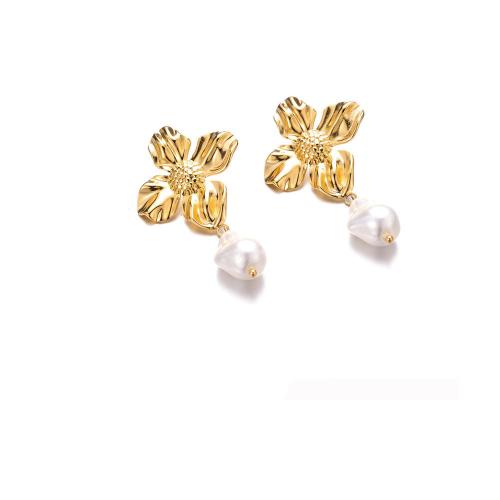 Pendientes de acero Titanium, Partículas de acero, con Perlas plásticas, Flor, Joyería & para mujer, dorado, 54x29.2mm, Vendido por Par