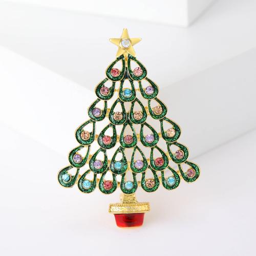 Broche de bijoux de Noël, alliage de zinc, arbre de noël, Placage de couleur d'or, pour femme & émail & avec strass, vert, Vendu par PC