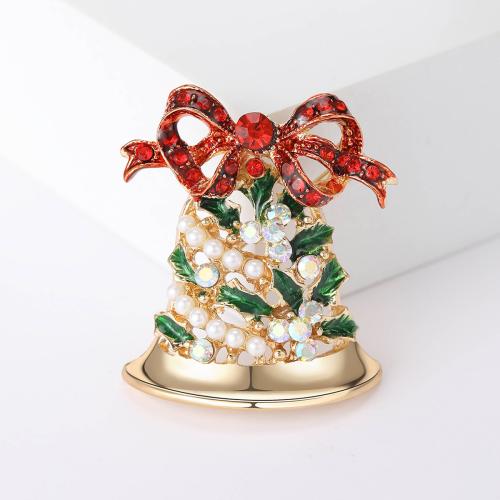 Broche de bijoux de Noël, alliage de zinc, avec perle de plastique, cloche de noël, Placage de couleur d'or, Conception de Noël & émail & avec strass, couleurs mélangées, Vendu par PC