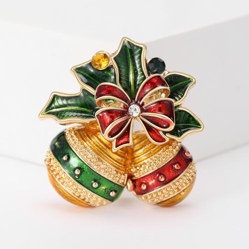 Broche de bijoux de Noël, alliage de zinc, cloche de noël, Placage de couleur d'or, Conception de Noël & émail & avec strass, multicolore, Vendu par PC