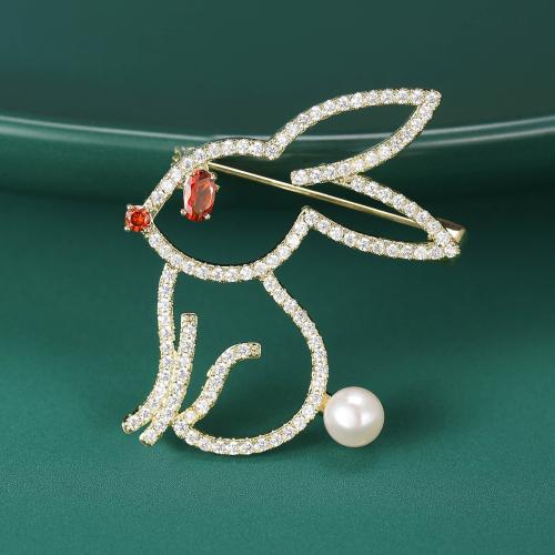 Rhinestone Zinc Alloy Brooch, with Plastic Pearl, Rabbit, gold color plated, for woman & with rhinestone 