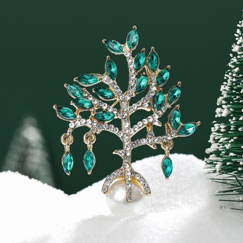 Rhinestone Zinc Alloy Brooch, with Plastic Pearl, Tree, gold color plated, for woman & with rhinestone, green 