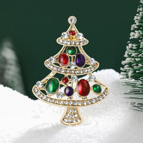 Broche de bijoux de Noël, alliage de zinc, arbre de noël, Placage de couleur d'or, pour femme & émail & avec strass, Vendu par PC